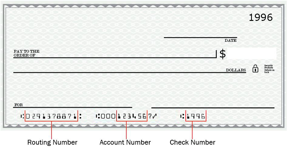 Check sample highlighting Routing Number, Account Number and Check Number