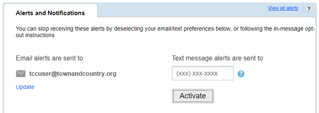 Options for choosing to receive Alerts via email or text message.